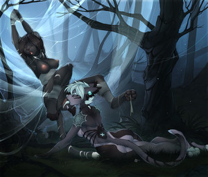 ankles_tied anthro areola arms_above_head arthropod_webbing athletic barefoot bdsm black_body black_fur black_hair black_skin bondage bone bound bound_waist breasts butt chest_tuft claws clothing collar controlled cunnilingus detailed_background digitigrade dominant dominant_female duo ear_piercing ear_tuft erect_nipples eyes_closed feet female female/female forest fur gasp genitals grey_body grey_fur hair hindpaw licking long_tongue lying markings multicolored_body multicolored_fur night nipples nude open_mouth oral orgasm_face outside panties pawpads paws piercing plant pupils restrained sex short_hair side_boob skull slit_pupils spider_web spread_legs spreading striped_markings striped_tail stripes submissive submissive_female suspension tail tail_markings tail_tuft tattoo toe_claws tongue tongue_out tree tuft underwear vaginal vulva web_bondage white_body white_eyes white_fur white_hair white_nose white_skin white_tongue f-r95 hioshiru nisha_(pocket-sand) felid mammal 2016 digital_media_(artwork) shaded