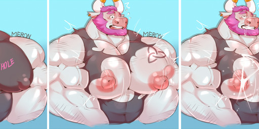 accessory anthro arm_hair beard big_muscles big_nipples big_pecs blush bodily_fluids body_hair bouncing_pecs chest_tattoo clenched_teeth clothing ear_piercing ear_ring facial_hair flustered furgonomics hair horn horn_accessory horn_cap huge_pecs lactating looking_at_viewer male male_lactation muscular muscular_male nipple_outline nipples open_mouth pecs piercing ring_piercing shirt smile solo surprised sweat tank_top tattoo teeth text text_on_clothing text_on_shirt text_on_topwear topwear torn_clothing veiny_arms merong he/him/hole bovid bovine cattle mammal english_text hi_res sequence