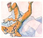 anthro bed bed_sheet bedding breasts female fur furniture genitals nude one_eye_closed pawpads pink_pawpads pussy solo tail tongue tongue_out upside_down yellow_body yellow_fur paoguu domestic_cat felid feline felis mammal hi_res