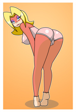 anthro blonde_hair blue_eyes breasts butt camel_toe female gradient_background hair half-closed_eyes looking_at_viewer narrowed_eyes nipples presenting simple_background solo blackangel014 donkey_kong_(series) nintendo candy_kong haplorhine kong mammal monkey primate hi_res