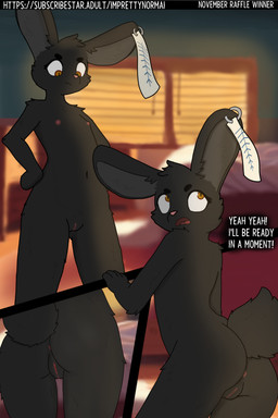 anthro anus black_body black_fur blurred_background breasts comic_panel female flat_chested fur genitals long_ears looking_back navel nipples open_mouth solo standing tail text vulva yellow_eyes imprettynormai lagomorph leporid mammal rabbit absurd_res hi_res