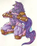 abs anthro armor blush clothed clothing fur grin horn knee_pads kneeling male muscular muscular_anthro muscular_male neck_tuft pauldron pubes purple_body purple_fur simple_background skimpy smile solo tail_eye tuft unconvincing_armor vambrace argo_slothcat2 lifewonders tokyo_afterschool_summoners bathym_(tas) canid canid_demon canine canis demon mammal wolf 2021 absurd_res hi_res