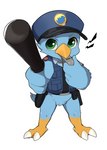 ambiguous_gender anthro baton beak bird_legs blue_body blush bottomless clothed clothing green_eyes hat headgear headwear holding_baton holding_object holding_weapon kemono police police_hat police_uniform simple_background topwear twitter_logo uniform weapon whistle_(object) white_background wings young young_anthro manmosu_marimo twitter tweetfur avian bird meme