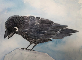 ambiguous_gender avian_feet beak black_body black_eyes black_feathers black_wings cloud feathered_wings feathers feet feral monotone_body open_mouth outside realistic rock simple_background sky solo standing tail tail_feathers talons toes wings fusau avian bird corvid corvus_(genus) crow oscine passerine 2021 painting_(artwork) traditional_media_(artwork) traditional_painting_(artwork)