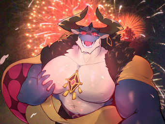 anthro barazoku big_muscles big_pecs blue_body clothed clothing ear_piercing ear_ring glowing glowing_eyes horn huge_pecs jewelry male muscular muscular_anthro muscular_male nipples pecs piercing ring_piercing self_grope solo topless topless_male ziloyogo kakegurui_masho_(meme) mythology xxl_woofia tyrantino_(xxl_woofia) dragon mythological_creature mythological_scalie scalie 4:3 hi_res