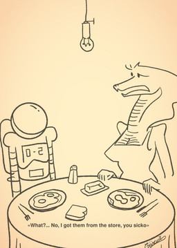 anthro bread breasts cutlery dialogue egg female food fork kitchen_utensils knife light_bulb male salt spacesuit text toast tools ciircuit human mammal reptile scalie snake comic english_text monochrome