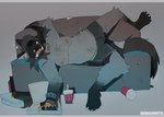 black_nose body_hair chest_hair clothed clothing collar food furniture male nipples open_mouth sleeping sleeping_on_sofa sofa solo topless underwear bernardiito hyena mammal absurd_res hi_res