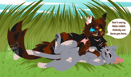 ambiguous_gender arm_scar black_body black_fur black_nose black_pawpads blue_eyes blush brown_body brown_fur cheek_tuft cuddling cute_fangs dialogue duo ear_scar eyebrows eyes_closed facial_scar facial_tuft fangs feral fur grass green_eyes grey_body grey_fur heavily_scarred heterochromia inner_ear_fluff logo looking_at_another lying multicolored_body multicolored_fur no_sclera on_back on_side pawpads pink_nose plant raised_eyebrows scar smile speech_bubble spots tail tan_body tan_fur teeth text tuft two_tone_body two_tone_fur white_inner_ear_fluff x_scar 11oaksfall11 warriors_(book_series) fan_character domestic_cat felid feline felis mammal 2026 artist_logo english_text hi_res