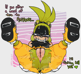 anthro anus black_body bodily_fluids bottomwear butt clothed clothing death_threat dialogue drooling ear_piercing ear_ring embarrassed female footwear genitals glare green_body green_hair hair hand_on_butt hand_on_own_butt heart_after_text legs_up looking_at_viewer multicolored_body no_underwear pants piercing profanity purple_eyes ring_piercing saliva sharp_teeth shoes simple_background smile smiling_at_viewer solo spread_legs spreading sweat talking_to_viewer tan_body teeth text torn_bottomwear torn_clothing torn_pants vulva wardrobe_malfunction latchk3y idw_publishing sega sonic_the_hedgehog_(comics) sonic_the_hedgehog_(idw) sonic_the_hedgehog_(series) surge_the_tenrec afrosoricid mammal tenrec 2026 english_text hi_res