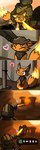 abandoned canid canine duo feral fire flamethrower fox foxparks heart_symbol helldiver helldivers_2 hi_res imminent_death mammal pal_(species) palworld petting_head pocketpair ranged_weapon terminid weapon yuumisocute