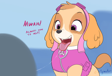 after_kiss ambiguous_gender bodily_fluids clothed clothed_feral clothing dialogue duo excited eyeshadow female feral fur glitter kissing makeup saliva saliva_string sparkles talking_feral text tongue tongue_out young young_feral dirtywater paw_patrol anon anonymous skye_(paw_patrol) canid canine canis cockapoo domestic_dog human mammal mixed_breed english_text hi_res