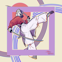 abstract_background anthro barefoot bottomwear clothing ear_piercing eyebrow_piercing facial_piercing feet fur grey_body grey_fur hair holding_melee_weapon holding_object holding_weapon katana looking_at_viewer male melee_weapon pawpads piercing pose smile solo sword tail topwear weapon anmuhunid arknights hypergryph studio_montagne spot_(arknights) hyena mammal spotted_hyena 2026 hi_res