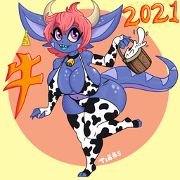 animal_print animal_print_bikini anthro armwear bell bell_collar big_breasts bikini bikini_bottom bikini_top blue_body breasts clothing collar cow_print cow_print_bikini female hair horn legwear milk pattern_bikini pattern_clothing pattern_swimwear purple_eyes red_hair solo stockings swimwear text two-piece_swimsuit tibbs chinese_zodiac mythology year_of_the_ox star_(tibbs) dragon mythological_creature mythological_scalie scalie 1:1 2021 chinese_text hi_res