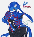 2023 4_fingers anthro anthrofied big_breasts black_sclera blue_body blue_hair blue_skin blush breasts cetacean choker cleavage clothed clothing dorsal_fin english_text female fin fingers generation_3_pokemon hair hi_res jewelry kyogre legendary_pokemon legwear leotard looking_at_viewer mammal marine markings necklace nintendo one-piece_swimsuit pokemon pokemon_(species) red_markings simple_background solo suspenders swimwear text thick_thighs thigh_highs togetoge white_body white_face white_skin wide_hips yellow_eyes