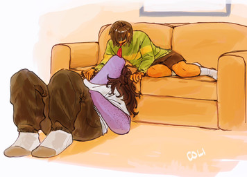 anthro brown_hair clothing duo female footwear freckles furniture green_clothing green_shirt green_topwear hair inside male purple_body purple_skin shirt simple_background socks sofa tongue tongue_out topwear colicolicolicoli deltarune undertale_(series) kris_dreemurr susie_(deltarune) human mammal scalie 2025 hi_res nonbinary_(lore)