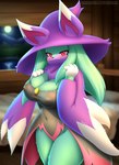 anthro big_breasts blush breasts cleavage clothed clothing female fur hat headgear headwear looking_at_viewer nipples solo witch_hat faroula palworld pocketpair felid feline katress mammal pal_(species) hi_res