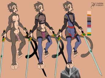abs balls biceps clothing color_swatch fur genitals hair male melee_weapon muscular muscular_male ninja nipples nude off/on pecs purple_clothing purple_thong purple_underwear solo standing sword thong underwear warrior weapon arashidrgn haplorhine mammal monkey primate 2015 model_sheet