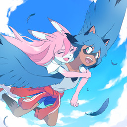 anthro black_nose blue_body blue_eyes blue_feathers blue_hair brown_body brown_fur carrying_another clothed clothing duo eyes_closed feathers female flying fur hair happy long_hair multicolored_body multicolored_fur multicolored_hair open_mouth pink_body pink_fur pink_hair shirt tank_top topwear white_body white_fur h0y0n brand_new_animal studio_trigger michiru_kagemori nazuna_hiwatashi canid canine fox hybrid mammal raccoon_dog tanuki 1:1 2020 hi_res