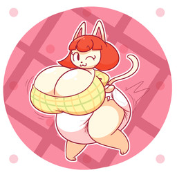 anthro big_breasts big_diaper black_hair breasts cleavage clothed clothing diaper female fur hair hand_on_hip huge_breasts one_eye_closed one_leg_up raised_leg red_hair solo thick_thighs white_body white_fur wink dummydoodles animal_crossing nintendo felicity_(animal_crossing) domestic_cat felid feline felis mammal 1:1 hi_res