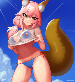 aircraft airplane belly big_breasts bikini bikini_bottom bikini_top blush breasts clothing cloud female female_humanoid hair inner_ear_fluff light_body light_skin looking_at_viewer low-angle_view navel outside pink_hair shirt sky smile smiling_at_viewer solo string_bikini swimwear topwear translucent translucent_clothing tuft two-piece_swimsuit under_boob undressing_self vehicle wet wet_clothing wet_shirt wet_topwear kuroonehalf fate_(series) type-moon caster_tamamo-no-mae animal_humanoid canid canid_humanoid canine canine_humanoid fox_humanoid humanoid mammal mammal_humanoid colored digital_media_(artwork) shaded