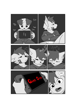 anthro close-up clothing crossed_arms dialogue dim_lighting duo floppy_ears game_over gameplay_mechanics head_tuft heart_(marking) long_sleeve_shirt long_sleeves male markings onomatopoeia open_mouth pupils sleeping sound_effects text tired tuft underwear vowelless vowelless_sound_effect whispering white_pupils young young_anthro young_male zzz minishadefox nintendo nintendo_switch elliot_vance nico_florence canid canine canis domestic_dog mammal absurd_res black_and_white comic english_text hi_res monochrome cousins_(lore)