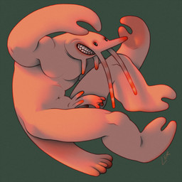 action_pose antennae_(anatomy) anthro black_eyes claws genitals glans half-erect male muscular muscular_male pecs penis pink_body pink_skin pose red_glans sharp_teeth silly_pose simple_background small_eyes smile solo teeth unusual_anatomy unusual_genitalia unusual_glans unusual_penis ravuer aquatic arthropod crustacean shrimp 1:1 hi_res