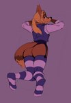 anthro biped blonde_hair blue_eyes butt clothing female footwear fur garter_belt garter_straps hair legwear looking_back lying on_front orange_body orange_fur pattern_clothing pattern_footwear pattern_legwear pattern_socks pattern_thigh_highs pattern_thigh_socks ponytail purple_background rear_view shirt simple_background socks solo striped_clothing striped_footwear striped_legwear striped_socks striped_thigh_highs striped_thigh_socks stripes thigh_highs thigh_socks topwear thelordp_chan kami_(thelordp_chan) canid canine fox mammal 2021 digital_media_(artwork) hi_res