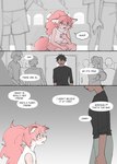 anthro black_hair canid canine clothed clothing comic dialogue digital_media_(artwork) female fox fur fur_(theterm) hair hi_res human long_hair mammal night_(theterm) open_mouth pink_body pink_fur pink_hair simple_background tail text theterm young young_anthro young_female