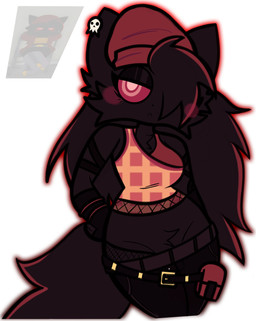 anthro belt black_body black_fur blush bra breasts clothed clothing ear_piercing ear_ring female fishnet_clothing fur hair long_hair low_pants makeup pelvis piercing red_clothing red_eyes ring_piercing solo underwear h1kurs pursuitcore tac9_(pursuitcore) domestic_cat felid feline felis mammal 2026 colored hi_res