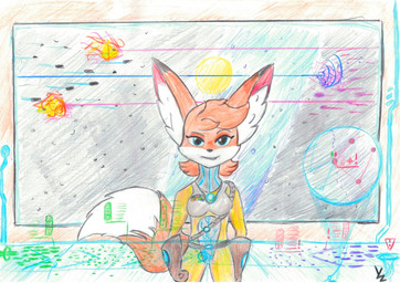 anthro blue_eyes female fur hair orange_body orange_fur orange_hair solo sun tail white_body white_fur yanzihko canid canine fox mammal hi_res traditional_media_(artwork)