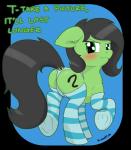 blush butt clothing embarrassed feral footwear fur green_body green_eyes green_fur hair knee_highs knee_socks legwear looking_at_viewer panties simple_background socks solo text underwear kumakum hasbro my_little_pony filly_anon equid equine mammal alpha_channel hi_res