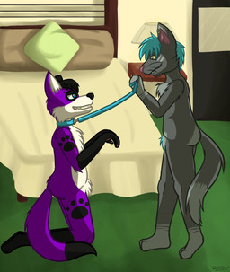 anthro bed bedroom collar duo furniture kneeling leash male male/male master slave dannyazazel cody_(dannyazazel) pawalo canid canine canis domestic_cat domestic_dog elkhound felid feline felis mammal spitz hi_res