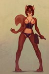 annoyed anthro barefoot biped blue_eyes breasts brown_background clothing corset feet female hair lingerie nipples red_hair simple_background solo standing topwear underwear crimsonlure debbye_evans mammal rodent sciurid 2018 hi_res