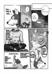 2014 akira_(maririn) anthro arm_support bottomwear bulge canid canine canis clothed clothing comic crossed_legs dialogue duo erection erection_under_clothing felid greyscale hi_res japanese_text kazuhiro_nakata leaning_on_elbow male male/male mammal maririn monochrome muscular pantherine pants shirt sparkles text tiger topwear translated wolf