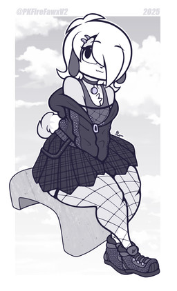 :3 abstract_background accessory alternative_fashion anthro border bottom_heavy bottomwear choker clothed clothed_anthro clothed_male clothing crossdressing crossdressing_male curvy_figure eyelashes femboy fishnet_clothing fishnet_legwear fishnet_stockings fishnet_thigh_highs fishnet_topwear floppy_ears footwear fully_clothed fur goth hair hair_accessory hair_over_eye hairclip hoodie jacket jewelry legwear male necklace off_shoulder pattern_bottomwear pattern_clothing pattern_skirt pose punk shirt shoes short_hair simple_background sitting skirt sky sneakers solo tank_top text thick_thighs thigh_highs topwear white_border wide_hipped_anthro wide_hipped_male wide_hips zipper zipper_hoodie pkfirefawx niko_(pkfirefawx) canid canine canis domestic_dog mammal 2025 artist_name digital_drawing_(artwork) digital_media_(artwork) hi_res monochrome pinup