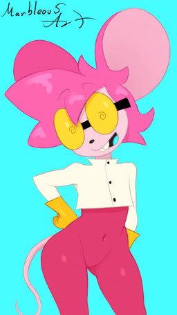 anthro belly big_ears black_nose blue_background blue_tongue bodysuit buckteeth butt butt_from_the_front button_(fastener) clothing coat curvy_figure eyebrow_through_hair eyebrows eyewear female front_view fur gloves goggles hair hairless_tail hand_on_hip handwear happy head_tilt huge_ears lab_coat legwear looking_at_viewer navel navel_outline nerd open_mouth pink_body pink_bodysuit pink_clothing pink_fur pink_hair pink_inner_ear pink_jumpsuit pink_legwear pink_skinsuit pose raised_eyebrows scientist simple_background skinsuit small_nose small_waist smile smiling_at_viewer solo spiral spiral_eyes tail teeth thick_thighs thigh_gap thin_tail tight_clothing tongue topwear translucent translucent_hair white_clothing white_topwear wide_hips yellow_clothing yellow_eyewear yellow_gloves yellow_goggles yellow_handwear conditional_dnp marbleous muffin_(goommymuffin) mammal mouse murid murine rodent sciurid 4k 9:16 absurd_res hi_res