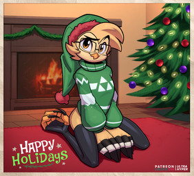 anthro bottomwear brown_eyes carpet christmas_clothing christmas_decorations christmas_lights christmas_ornament christmas_sweater christmas_topwear christmas_tree claws clothed clothing detailed_background eyewear feathers feet femboy fireplace fur glasses holidays logo long_socks looking_at_viewer lying male ornament pantsless plant sitting smile smiling_at_viewer solo sweater talons tan_body tan_feathers tan_fur toes topwear tree winged_arms wings ultrahyper christmas patreon subscribestar dan_the_barn_owl avian barn_owl bird owl tyto tytonid 2025 digital_drawing_(artwork) digital_media_(artwork)