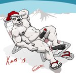 5_toes anthro arctic balls beach_chair belly biceps black_penis christmas_clothing christmas_headwear clothing erection feet footwear genitals grin hand_behind_head hat hat_on_penis headgear headwear holidays humanoid_genitalia humanoid_penis looking_at_viewer male musclegut muscular muscular_legs muscular_male navel nipples pecs penis plantigrade presenting reclining sandals santa_hat shoes sitting slightly_chubby smile snow solo toes triceps vein veiny_penis white_body chestnuts_(artist) christmas bear mammal polar_bear ursine 2013