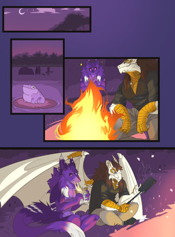 4_panel_comic anthro black_sclera broken_horn campfire camping_tent clothing duo eating eating_food fire food fur holding_object holding_tool horn lily_pad male male/male nude plant purple_body purple_eyes purple_fur sandwich_(food) scales smile surprised tail tools wings narphion xrosemarcyx mythology godrelion_(character) narphion_(sergal) amphibian dragon frog mythological_creature mythological_scalie scalie sergal absurd_res comic hi_res
