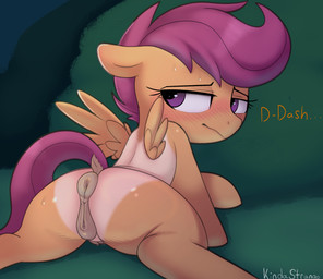animal_genitalia animal_vulva anus blush bodily_fluids butt equine_genitalia equine_vulva female feral genitals hair looking_back orange_body presenting presenting_hindquarters puffy_anus purple_eyes purple_hair solo suntan sweat tan_line vulva wings young young_female young_feral kindastrange friendship_is_magic hasbro my_little_pony mythology scootaloo_(mlp) equid equine mammal mythological_creature mythological_equine pegasus hi_res