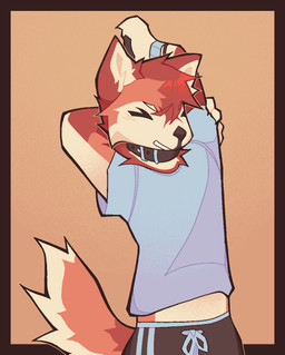 anthro athletic_wear blue_clothing blue_topwear bottomwear brown_bottomwear brown_clothing brown_shorts clothed clothing collar fur gym_bottomwear gym_shorts orange_body orange_fur red_body red_fur shorts solo stretching topwear white_body white_fur yellow_body yellow_fur vinqock lev_(vinqou) canid canine canis domestic_dog husky mammal nordic_sled_dog spitz aliasing digital_media_(artwork) hi_res male_(lore)