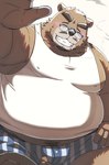 anthro belly big_belly blush brown_body brown_fur clothing eyes_closed eyewear fur glasses kemono male mature_male moobs overweight overweight_male shirt sitting smile smoking solo topwear underwear emufu bear mammal 2025 hi_res