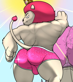 anthro back_muscles biceps blue_sky bulge butt butt_slap clothed clothing crown fur glitter hair headgear light male muscular muscular_anthro muscular_male pink_clothing pink_underwear pose rear_view red_hair shadow skimpy sky slap slapping_own_butt slapping_self solo sparkles standing sun sunlight tan_body tan_fur thick_thighs topless triceps underwear trashbadger cartoon_network mao_mao:_heroes_of_pure_heart king_snugglemagne_xxv felid lion mammal pantherine
