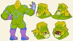 blonde_hair body_hair butt_hair facial_hair green_body green_skin hair male muscular muscular_male not_furry science_fiction solo tattoo rickleone humanoid orc himbo model_sheet