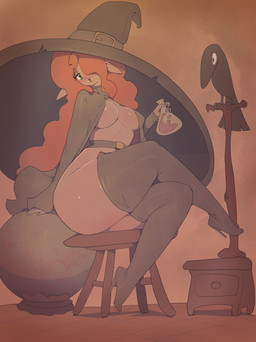 biped boots breasts clothed clothing crossed_legs female feral footwear glistening glistening_body hair hair_over_eye hat headgear headwear high_heeled_boots high_heels legwear long_hair not_furry oversized_clothing shoes sitting thick_thighs thigh_boots thigh_highs witch_hat fullmontis avian bird corvid corvus_(genus) crow elf humanoid oscine passerine hi_res