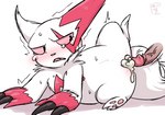 anthro blush bodily_fluids claws cum disembodied_penis duo erection female fur genital_fluids genitals humanoid_genitalia humanoid_penis lying male male/female on_side penis simple_background white_body white_fur negoya nintendo pokemon generation_3_pokemon pokemon_(species) zangoose