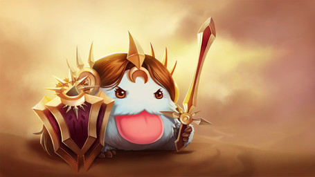 ambiguous_gender clothing fluffy hair melee_weapon shield solo sword tongue tongue_out weapon unknown_artist league_of_legends riot_games tencent leona_(lol) poro_(lol) poro 16:9 hi_res wallpaper widescreen