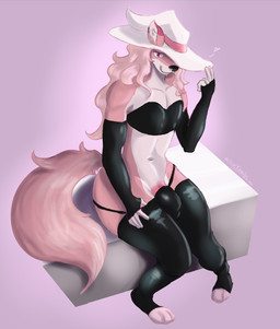 anthro armwear bandeau bulge clothing femboy fluffy fluffy_tail genitals hair hat headgear headwear holding_clothing holding_hat holding_headgear holding_headwear holding_object latex latex_clothing male panties penis pink_body pink_eyes pink_hair pink_tail simple_background sitting solo tail thick_thighs topwear underwear vein veiny_penis witch_hat eilinkadilu maiko_(klonoa0w0) canid canine fox mammal hi_res