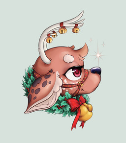 antler_accessory antlers bell blue_nose bow_ribbon brown_body brown_fur christmas_clothing christmas_decorations clothing eyebrows feral fur glare harness holidays holly_(plant) horn inner_ear_fluff jingle_bell male markings narrowed_eyes neck_bow plant red_bow red_eyes side_view simple_background snout solo spots spotted_body star toony tuft wreath o'coon christmas deer mammal new_world_deer reindeer headshot_portrait portrait shaded