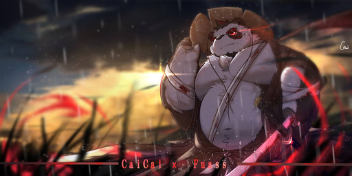 anthro bandage belly big_belly black_body black_nose blood bodily_fluids clothing cloud detailed_background hat headgear headwear kemono male outside overweight overweight_male raining scar solo weapon white_body cai_yuwang bear giant_panda mammal 2022 2:1
